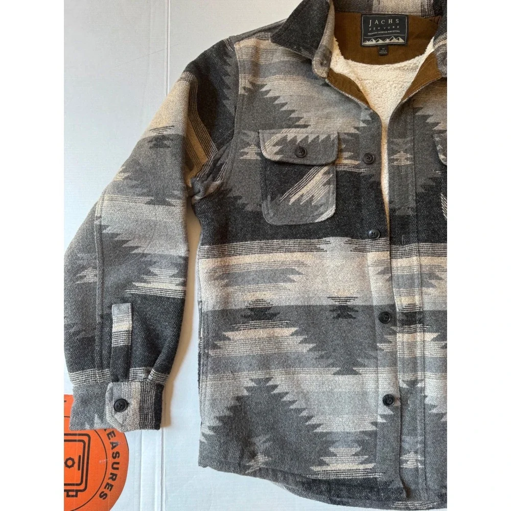Jachs NY Mens Grey Southwestern Tribal Sherpa Lined Flannel Shirt Jacket M